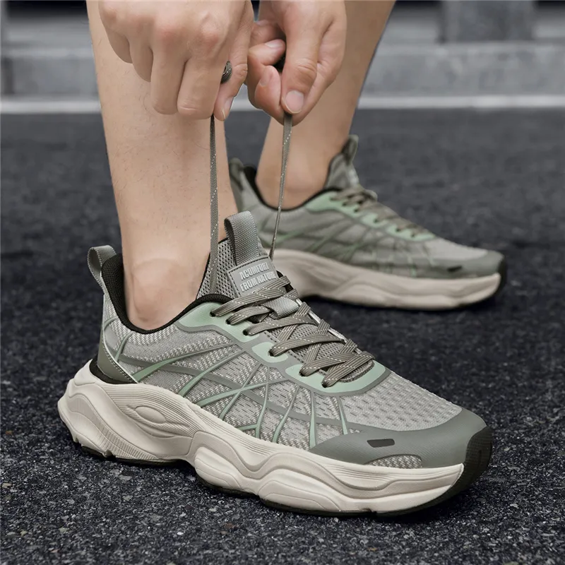 AOKANG Chunky Sneakers Men Low Top Gray Green, Black-12