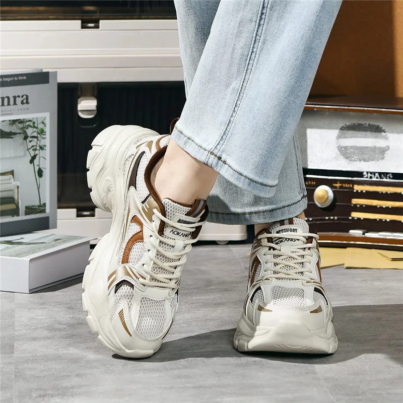 AOKANG Chunky Sneakers Women's Low Top Beige/Black-11