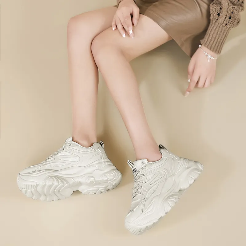 AOKANG Chunky Sneakers Women's Low Top Beige/Black-12