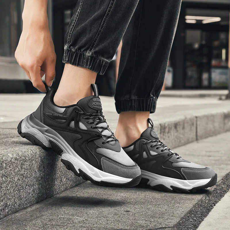 AOKANG Chunky Sneakers Men Low Top Black Green, Black-9