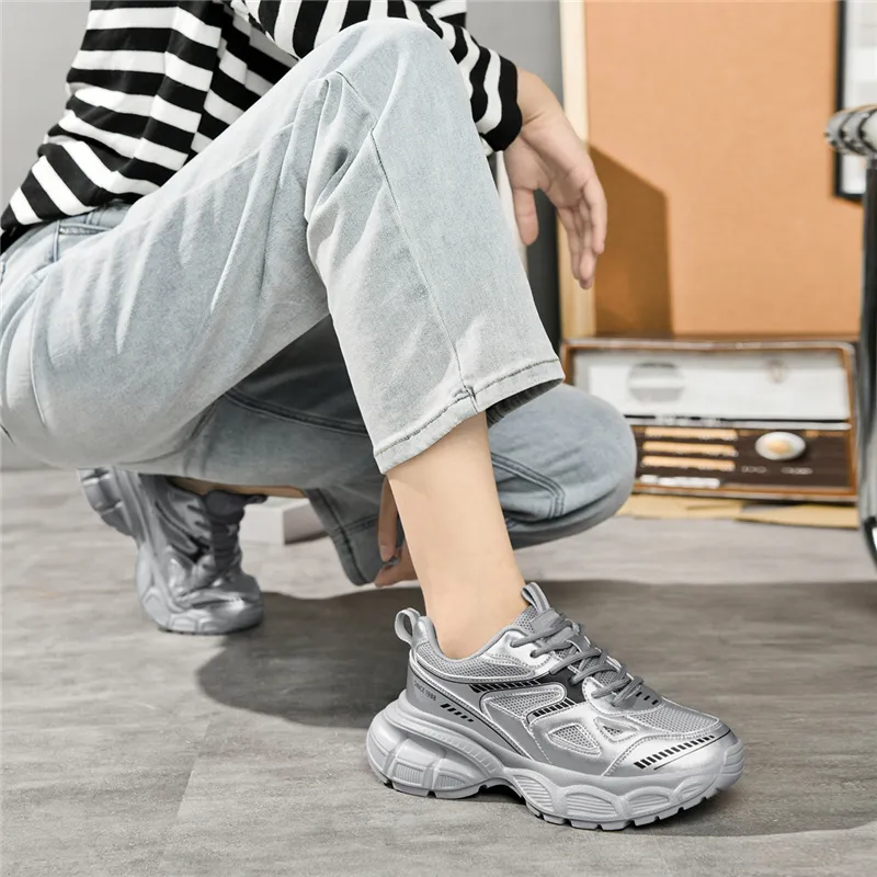 AOKANG Chunky Sneakers Unisex Low Top Silver, Gold-7