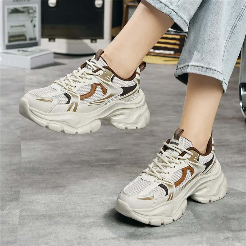 AOKANG Chunky Sneakers Women's Low Top Beige/Black-8