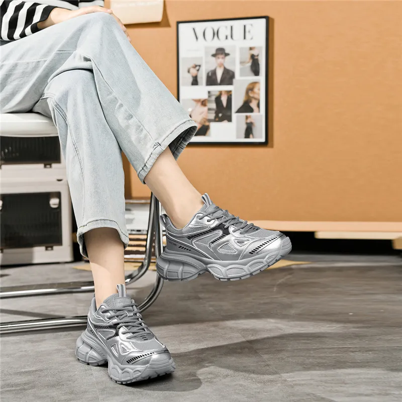 AOKANG Chunky Sneakers Unisex Low Top Silver, Gold-11