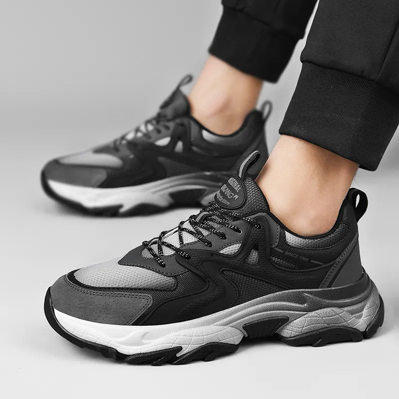 AOKANG Chunky Sneakers Men Low Top Black Green, Black-6