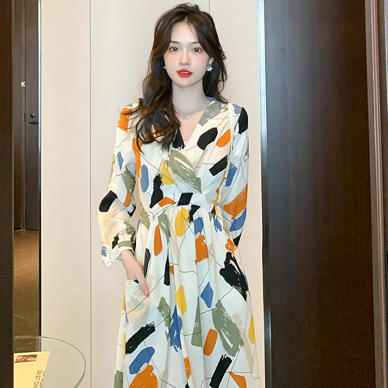 Fashion Long Sleeved Dress Women's Rich Multicolor-9