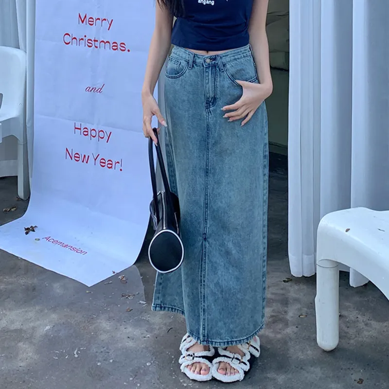 AHDO Denim Long Skirt Women's Washed Blue-3
