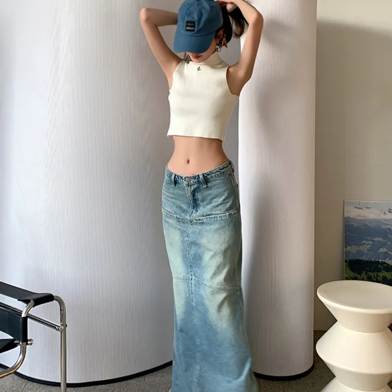 AHDO Denim Long Skirts Women's Blue-5