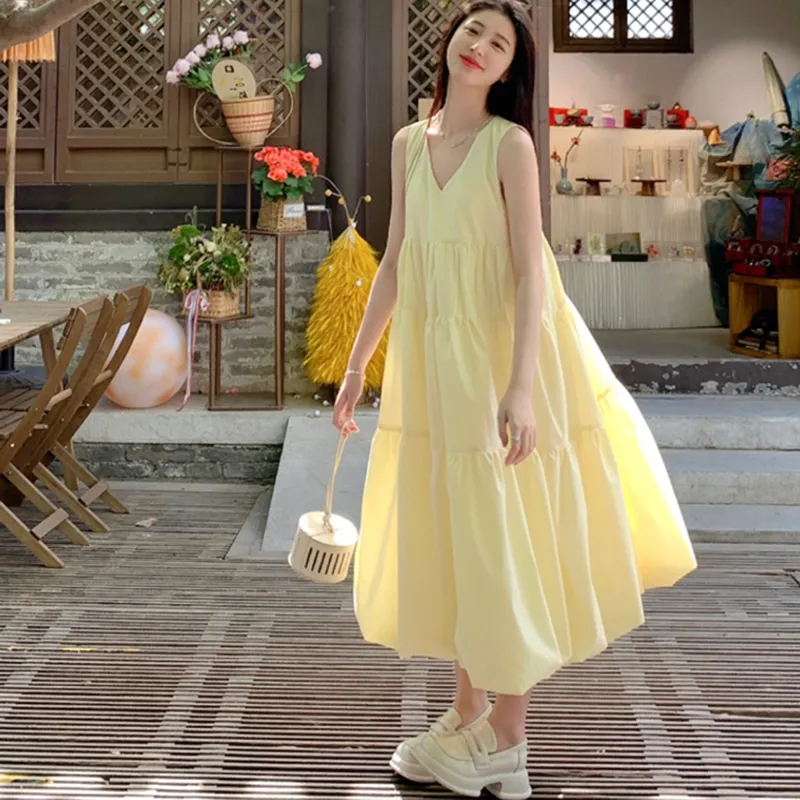 Vine Color Sleeveless Dress Women's Yellow-6