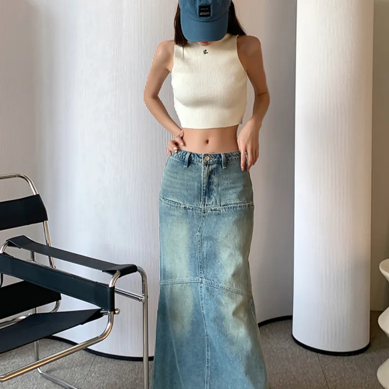 AHDO Denim Long Skirts Women's Blue-3