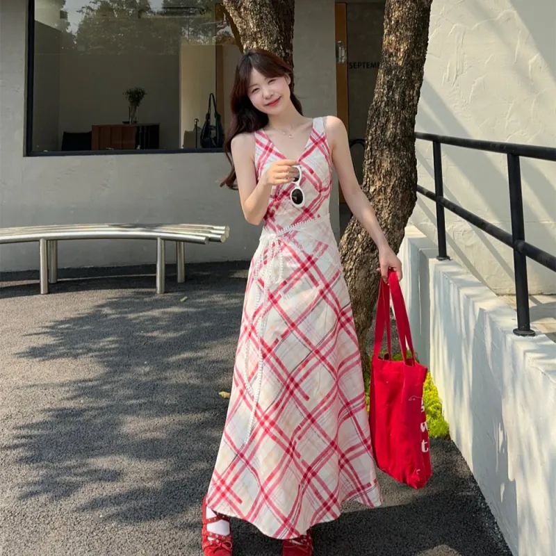 AHDO Slip Dresses Women's Red White Plaid-5