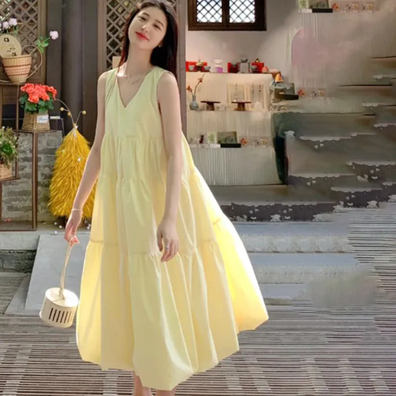 Vine Color Sleeveless Dress Women's Yellow-10