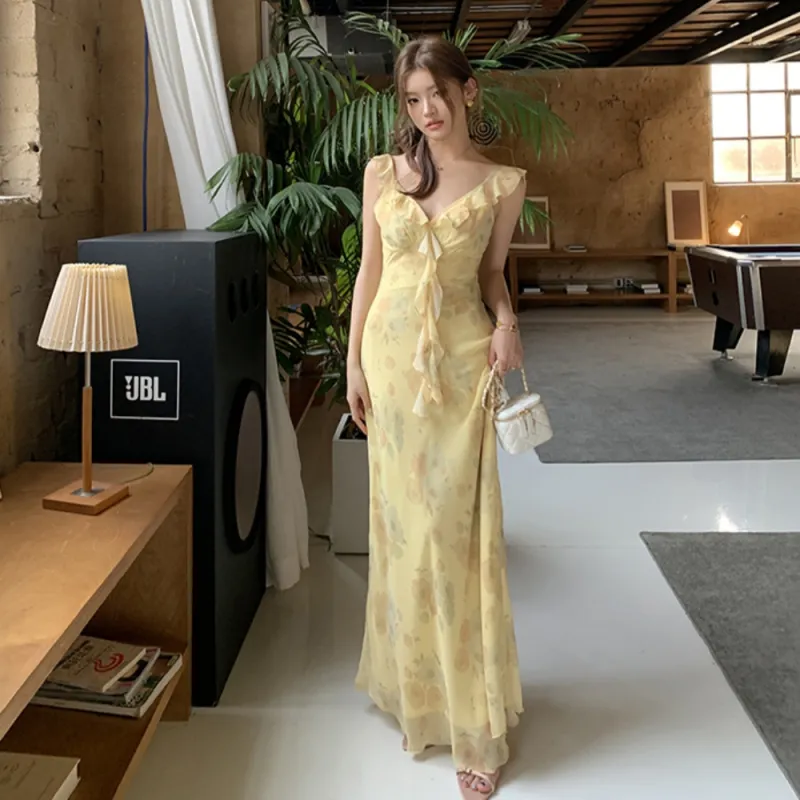 AHDO Slip Dresses Women's Yellow-2