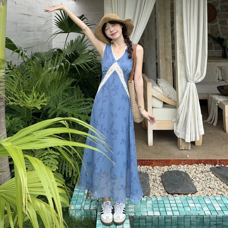 AHDO Sleeveless Dresses Women's Blue-2