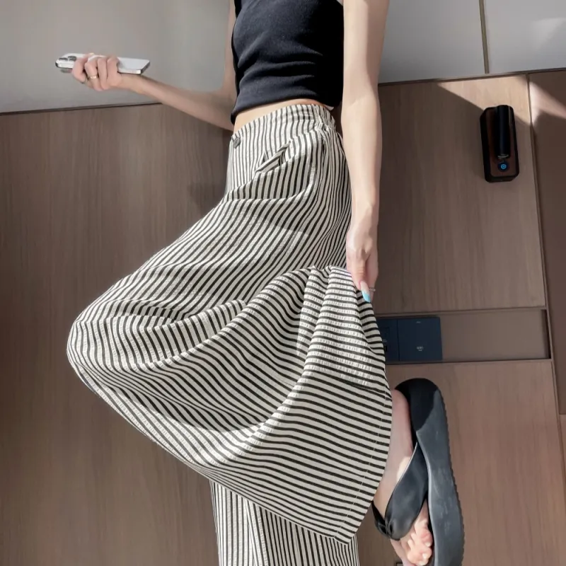 AHDO Casual Pants Women's Black White Stripes-4