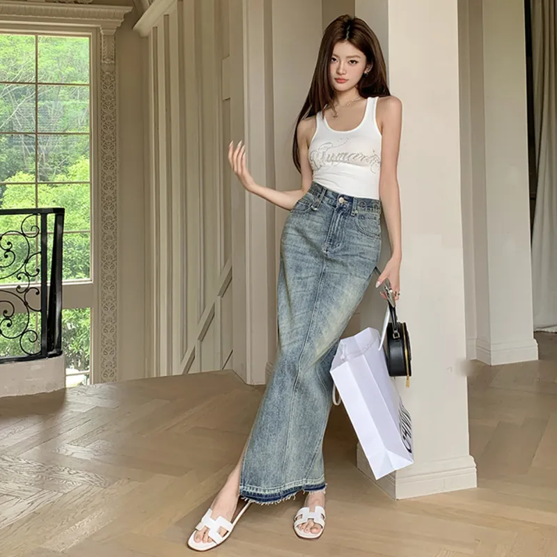 AHDO Denim Long Skirts Women's Blue-2