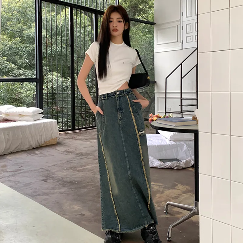 AHDO Denim Long Skirts Women's Blue-2