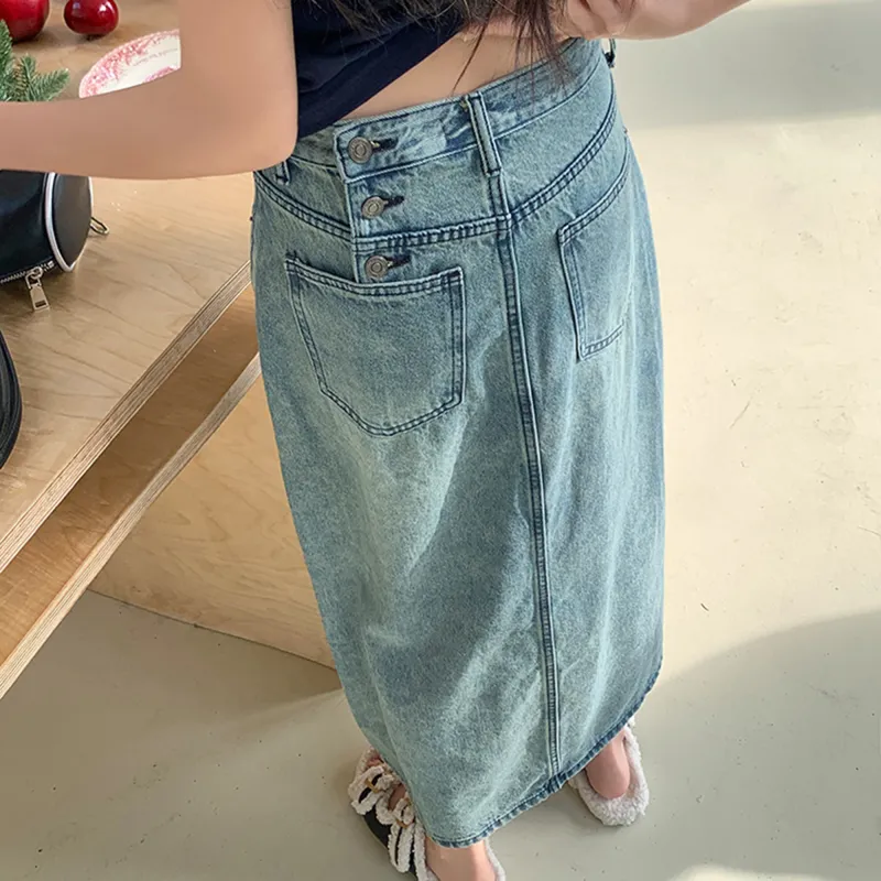 AHDO Denim Long Skirt Women's Washed Blue-2