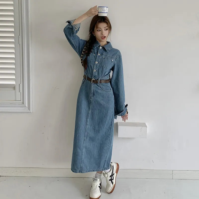 AHDO Long-Sleeved Dresses Women's Denim Blue-2