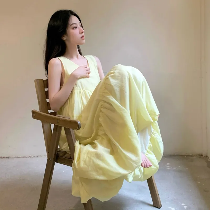 Vine Color Sleeveless Dress Women's Yellow-7