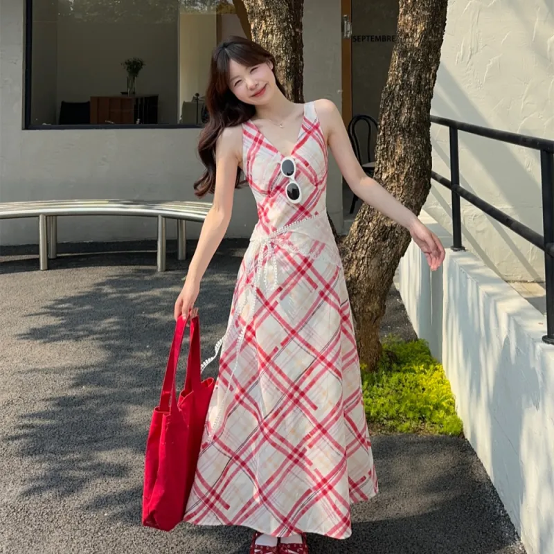 AHDO Slip Dresses Women's Red White Plaid-2