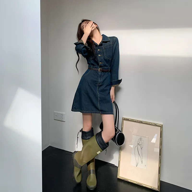 AHDO Long-Sleeved Dresses Women's Short In Blue-4