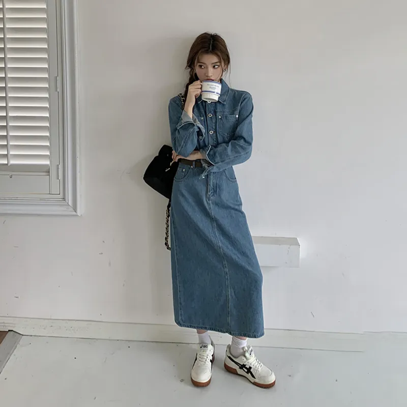 AHDO Long-Sleeved Dresses Women's Denim Blue-6