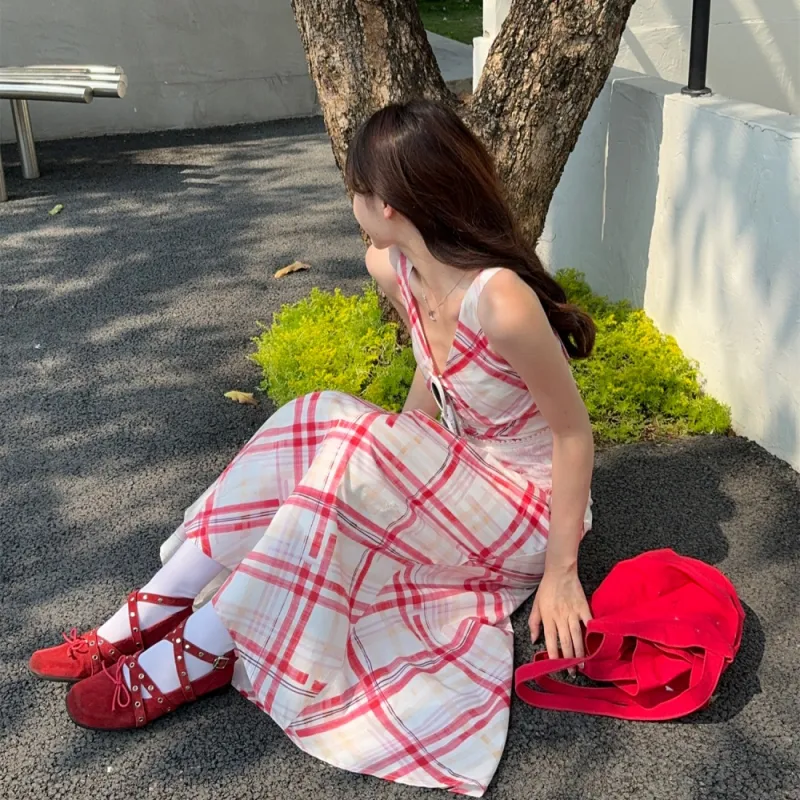 AHDO Slip Dresses Women's Red White Plaid-4