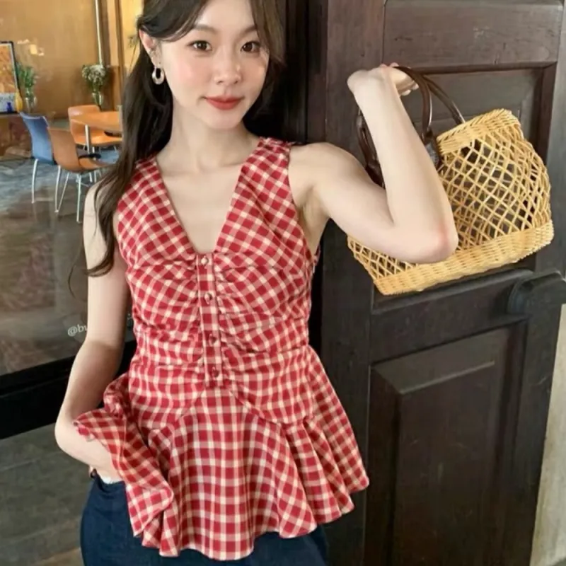 AHDO Tank Tops Women's Red Plaid-6
