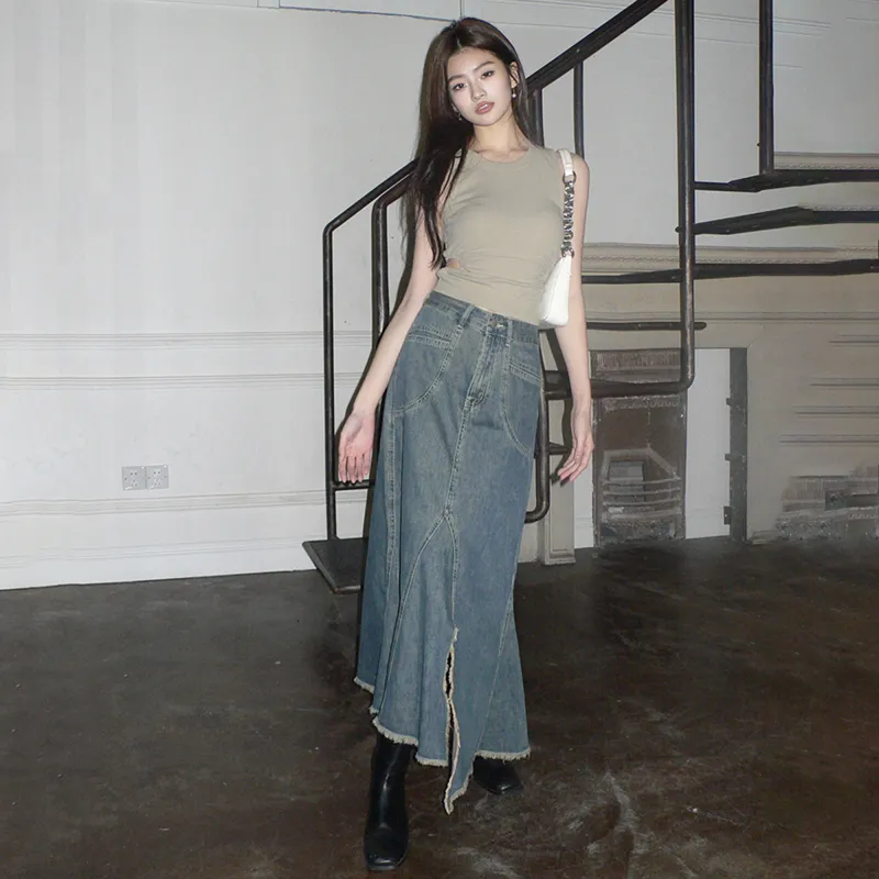 AHDO Denim Long Skirts Women's Blue-2