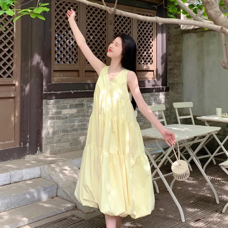 Vine Color Sleeveless Dress Women's Yellow-2