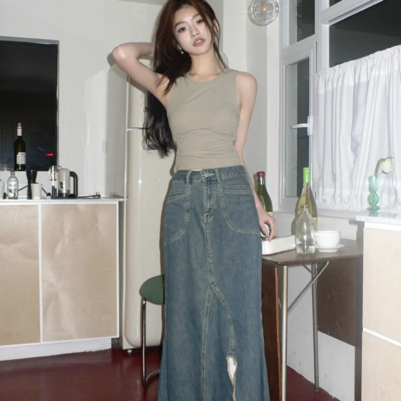 AHDO Denim Long Skirts Women's Blue-4