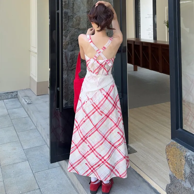 AHDO Slip Dresses Women's Red White Plaid-6