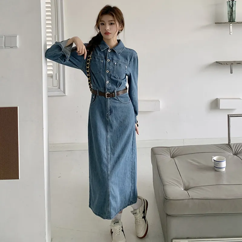 AHDO Long-Sleeved Dresses Women's Denim Blue-5