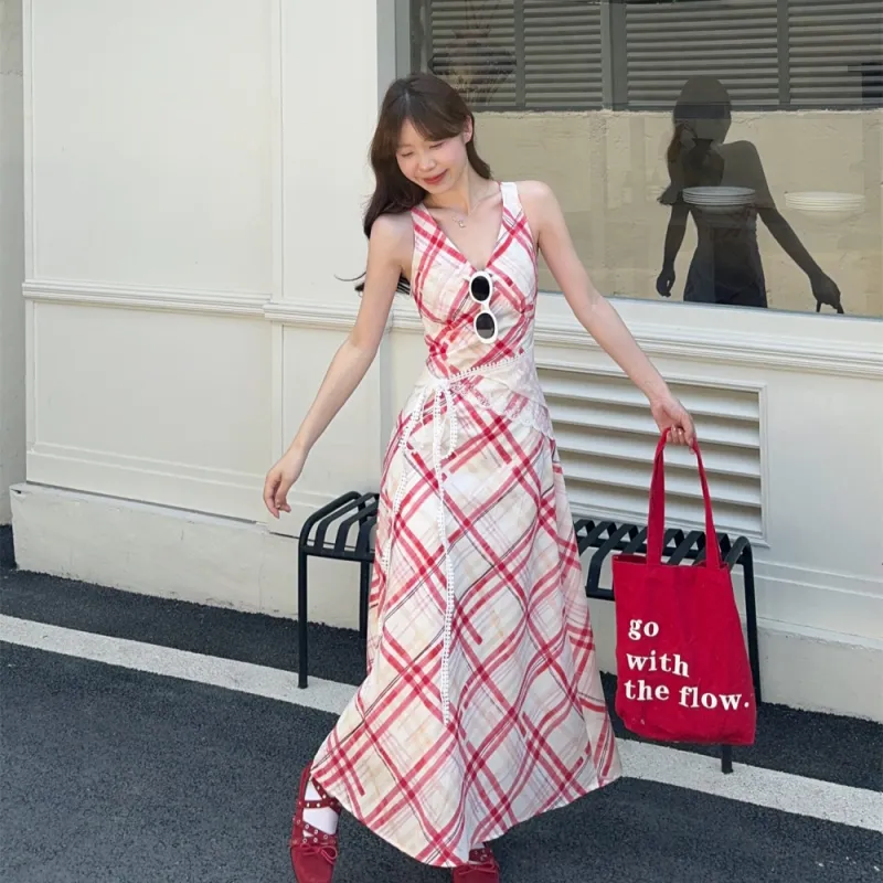 AHDO Slip Dresses Women's Red White Plaid-3