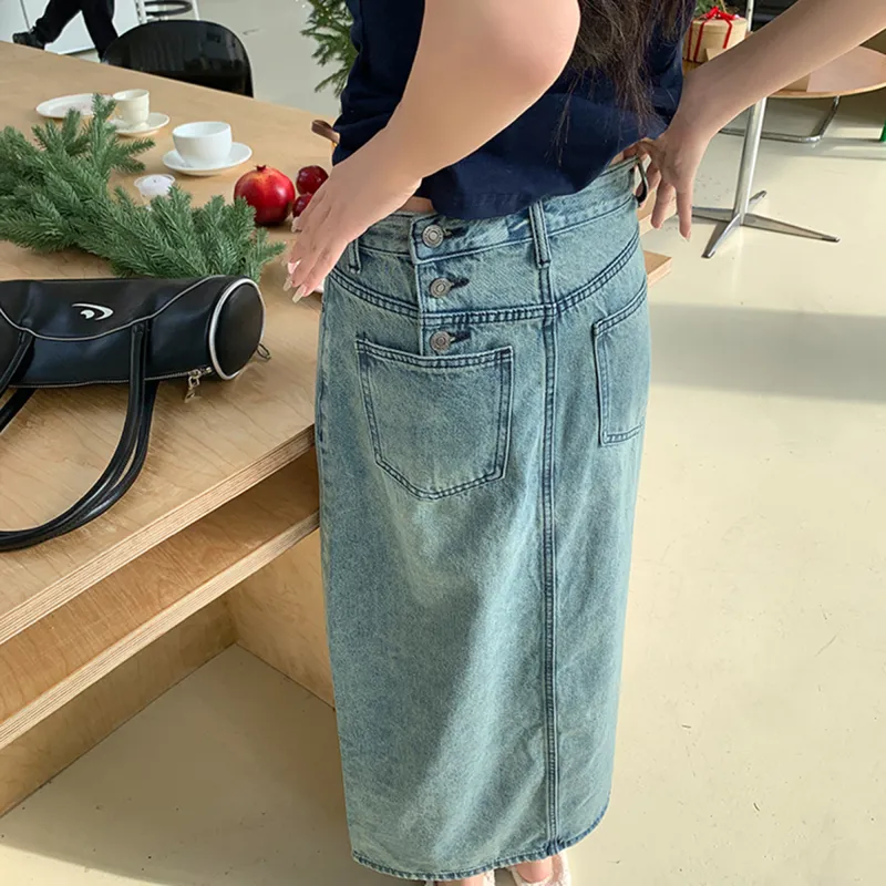 AHDO Denim Long Skirt Women's Washed Blue-5