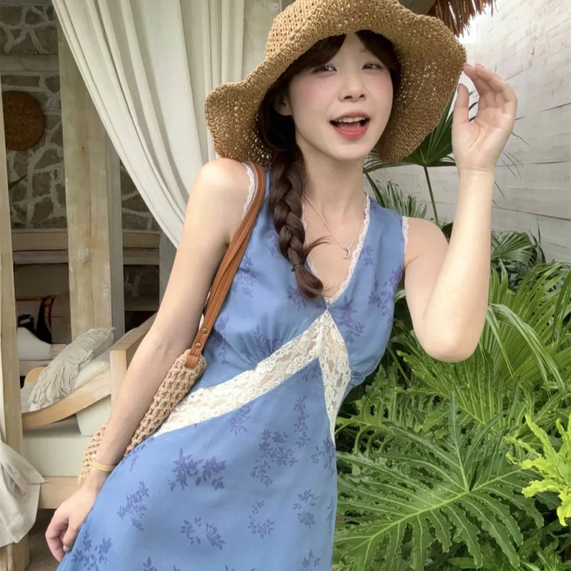 AHDO Sleeveless Dresses Women's Blue-3