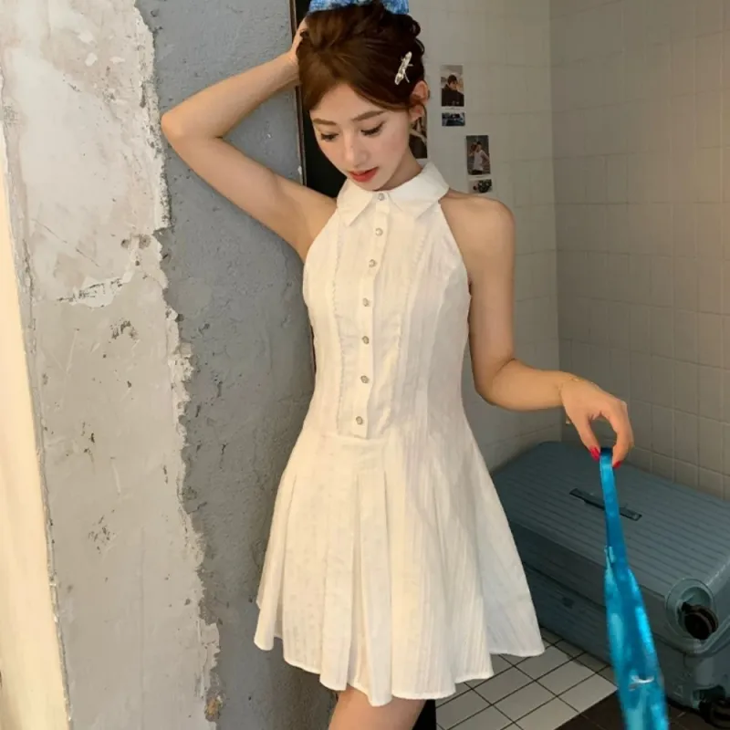 AHDO Sleeveless Dresses Women's White-2