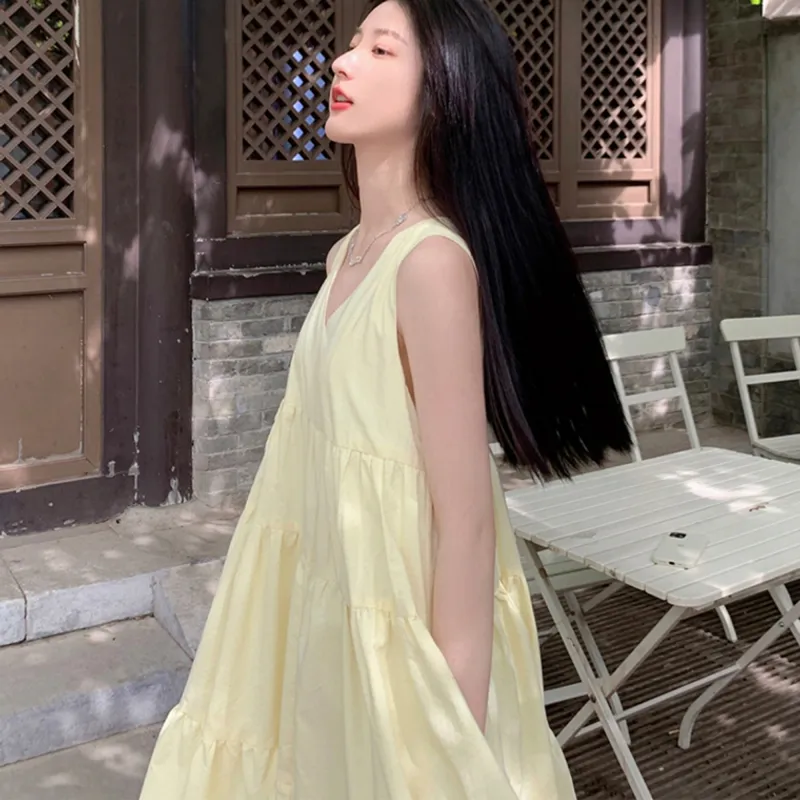 Vine Color Sleeveless Dress Women's Yellow-11