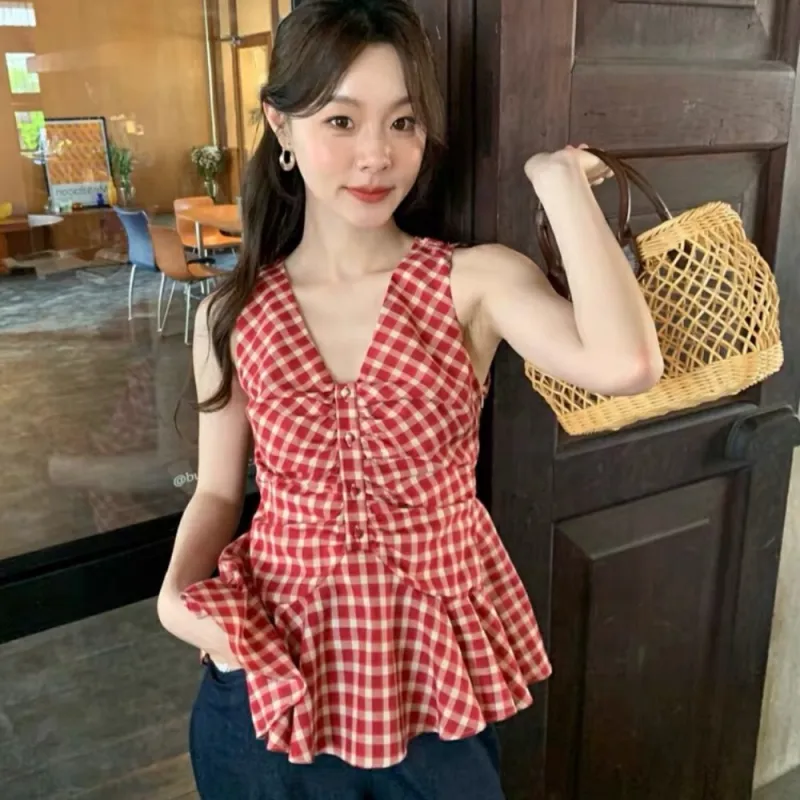 AHDO Tank Tops Women's Red Plaid-2
