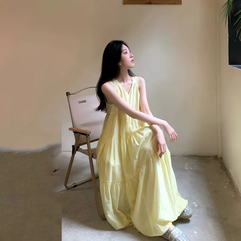 Vine Color Sleeveless Dress Women's Yellow-3