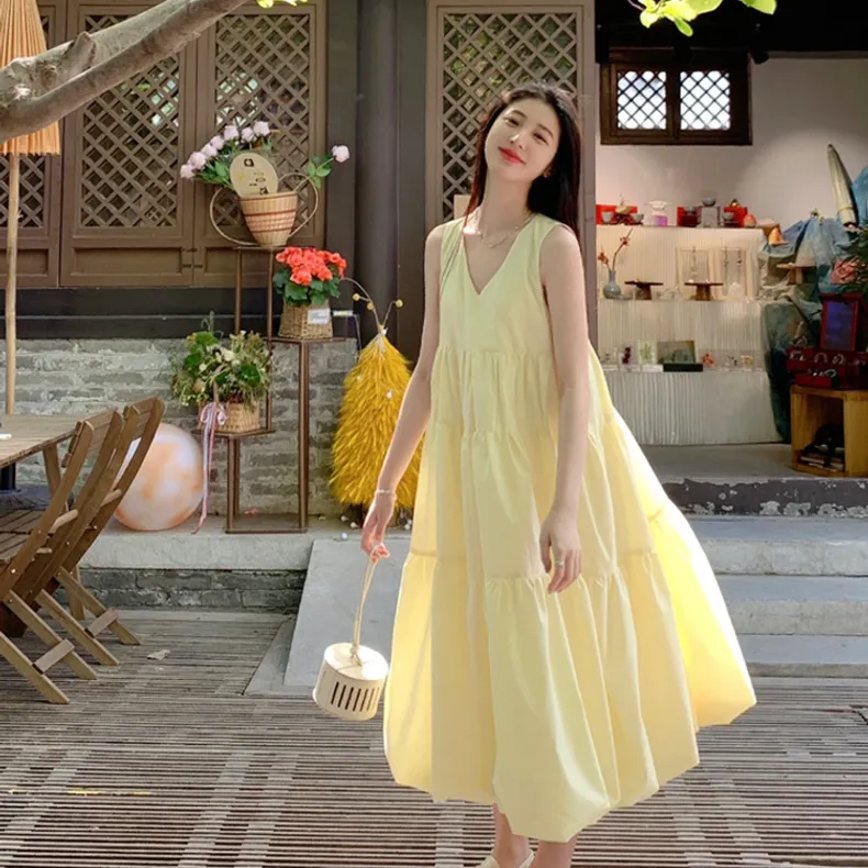 Vine Color Sleeveless Dress Women's Yellow-12
