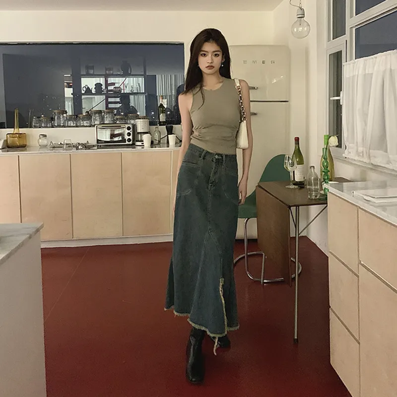 AHDO Denim Long Skirts Women's Blue-6