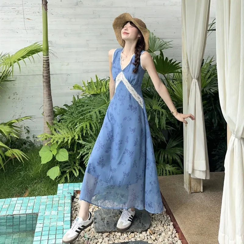 AHDO Sleeveless Dresses Women's Blue-5