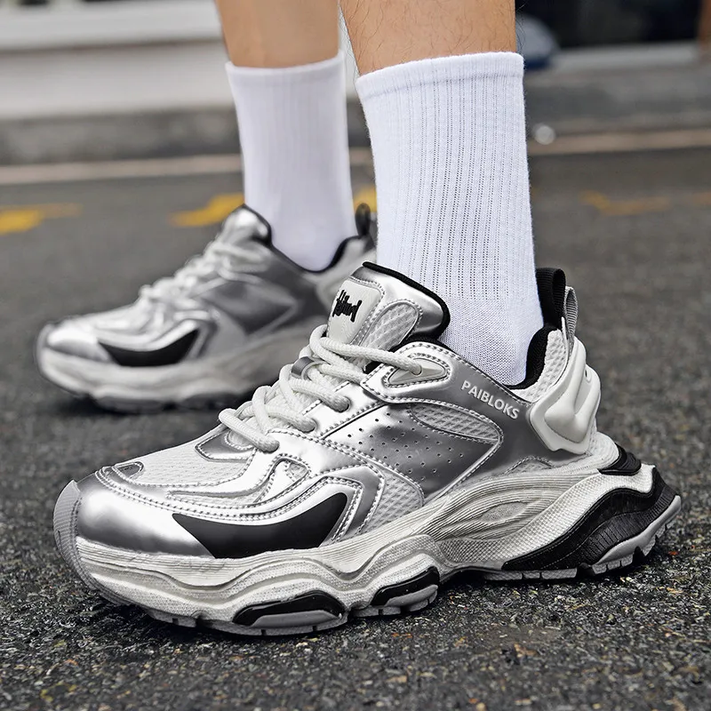 PAIBLOKS Shock Absorbers With Slip Resistant And Abrasion Resistant Properties Low Top Chunky Sneakers Men's Silver-5