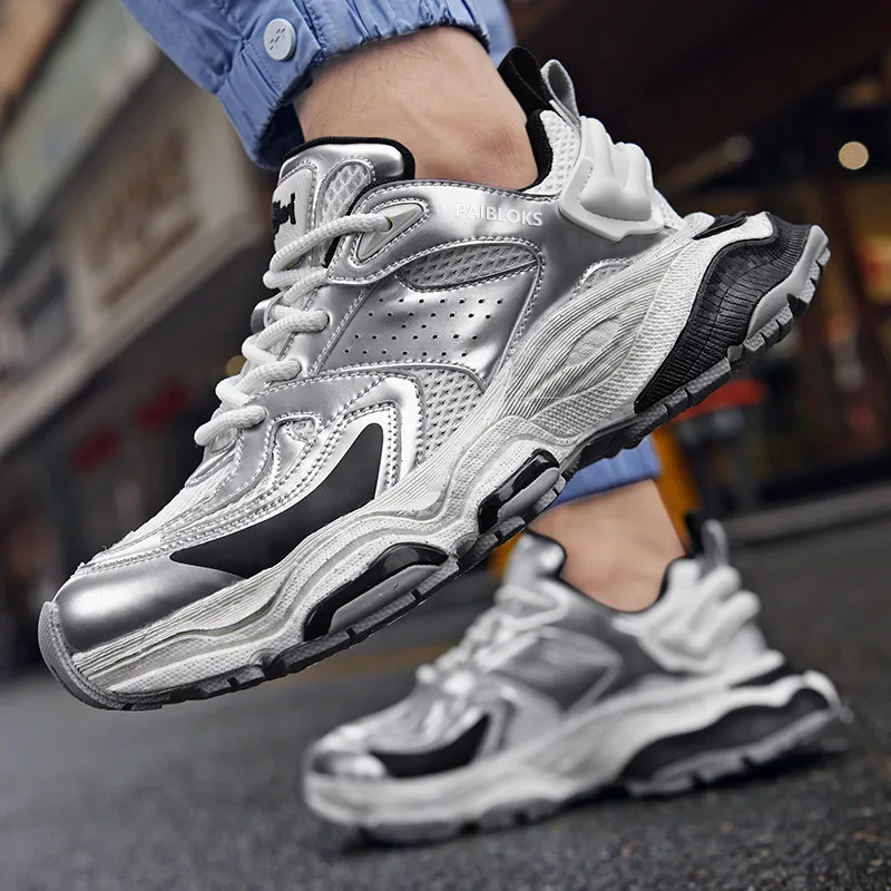 PAIBLOKS Shock Absorbers With Slip Resistant And Abrasion Resistant Properties Low Top Chunky Sneakers Men's Silver-4