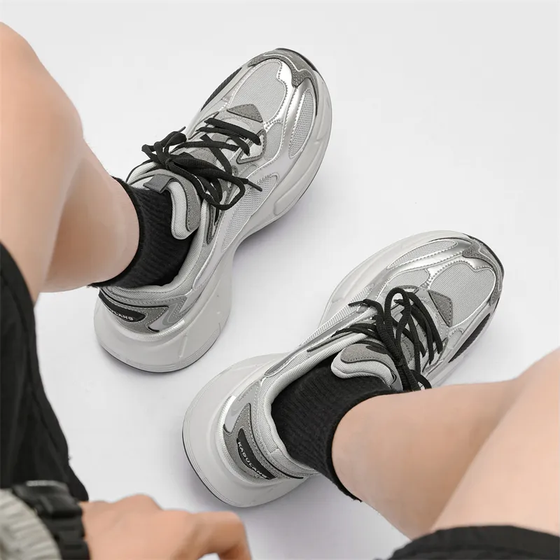PAIBLOKS Low Top Distressed Chunky Sneakers Unisex Black Copper Silver-7