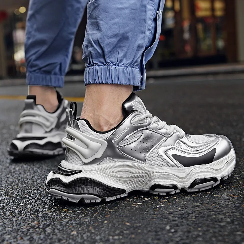 PAIBLOKS Shock Absorbers With Slip Resistant And Abrasion Resistant Properties Low Top Chunky Sneakers Men's Silver-3