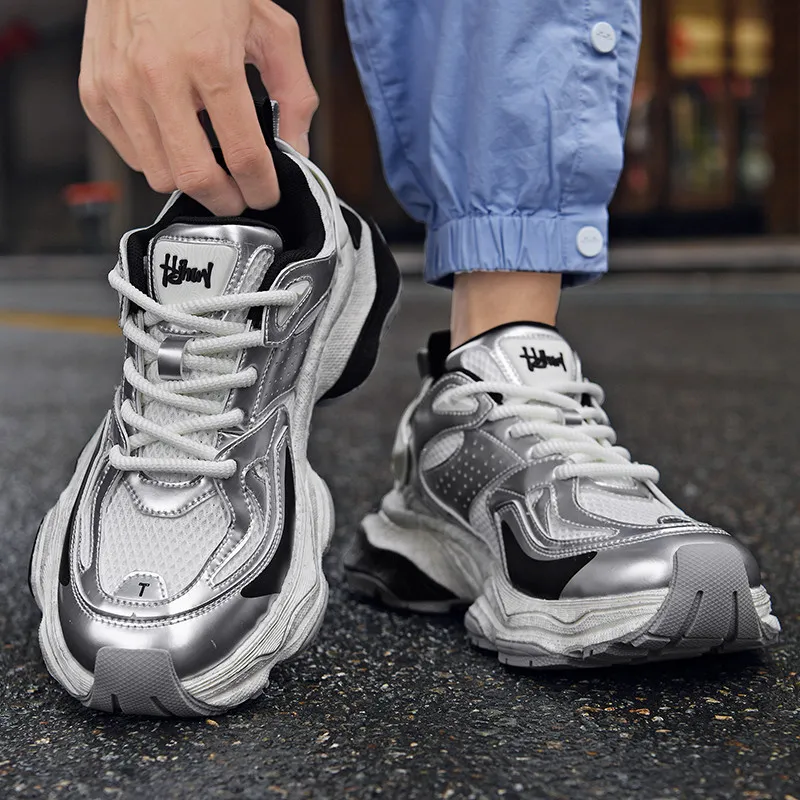 PAIBLOKS Shock Absorbers With Slip Resistant And Abrasion Resistant Properties Low Top Chunky Sneakers Men's Silver-2