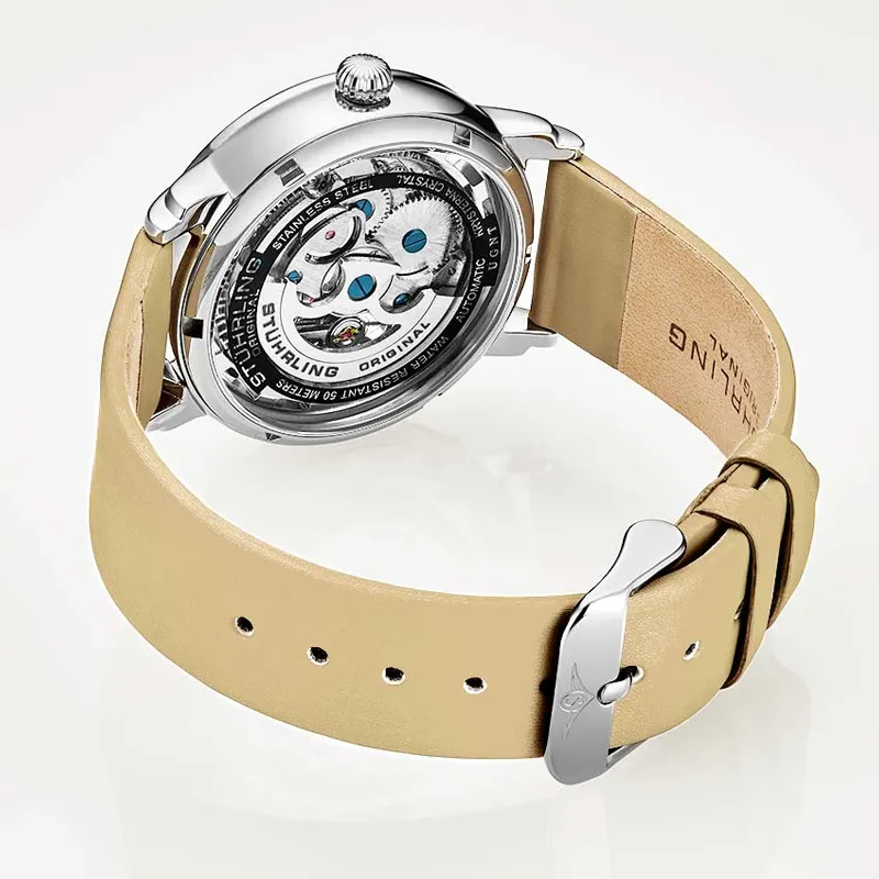 STUHRLING Wrist Watch Automatic Mechanical Movement Leather Watch Bands Cut Out Dial Unisex-4