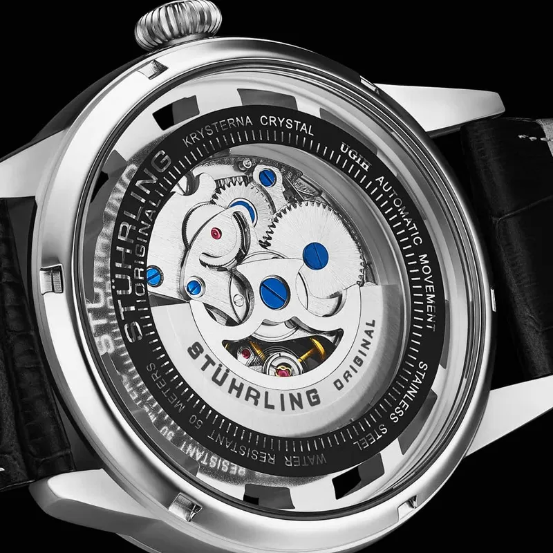 STUHRLING Wrist Watch Automatic Mechanical Movement Leather Watch Bands Cut Out Dial Unisex-6